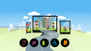 Illustration d'un écran de téléphone, d'ordinateur et de tablette. Il y a les 5 logos décrivant certaines personnes handicapées : surdité, malvoyance, muet, fauteuil roulant, vieillesse.