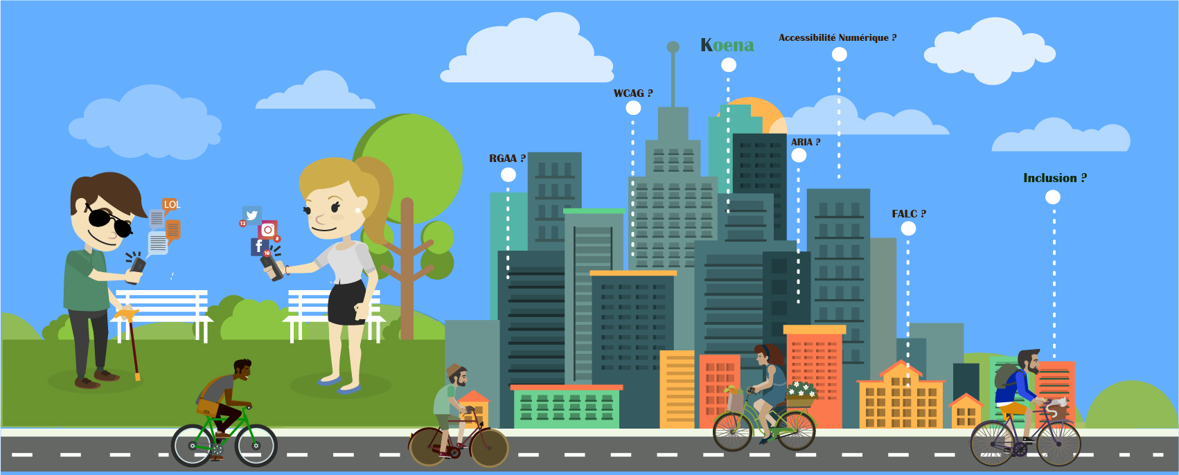 Illustration d'une ville connectée à l'accessibilité numérique.