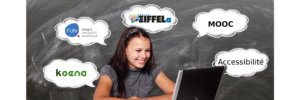 Une femme sourit face à son écran d'ordinateur. 5 bulles apparaissent : logos Koena, France Université Numérique (FUN), EIFFEL, MOOC, accessibilité.