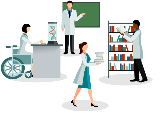 Dessin (de gauche à droite) : une scientifique, en fauteuil roulant, à son bureau ; un scientifique devant un tableau ; une scientifique tenant des livres en marchant ; un scientifique lit un livre devant une bibliothèque.