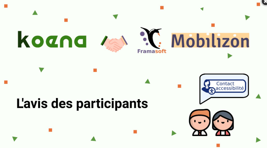 Logos Koena, Framasoft et Mobilizon. L'avis des participants. Bouton "Contact accessibilité"
